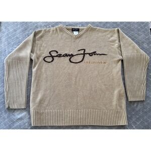 Vintage 90s Sean John Spell Out Sweater Size XL V Neck Wool Blend Knit Y2K